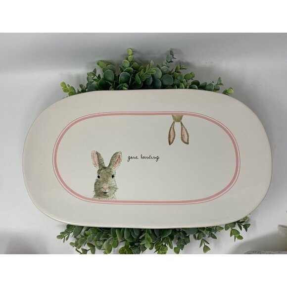 Rae Dunn GONE HUNTING Easter Bunny Rabbit Platter Kitchen White Pink New Spring - Picture 10 of 11